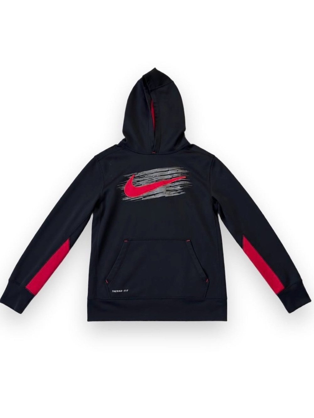 Nike Therma-FIT Boys Large Black Red Pullover Hoodie Swoosh Graphic